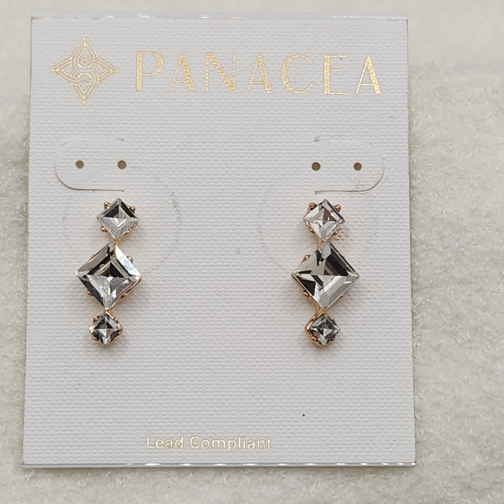 Panacea Clear Princess Cut Crystal Geometric Triple Drop Post Earrings NEW